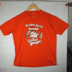 Vintage Jerzees T-Shirt Mens XL Orange Wisconsin Grilled Venison USA 80's Hunt
